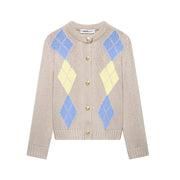Diamond Pattern Contrast Color Round Neck Long Sleeve Knitted Coat