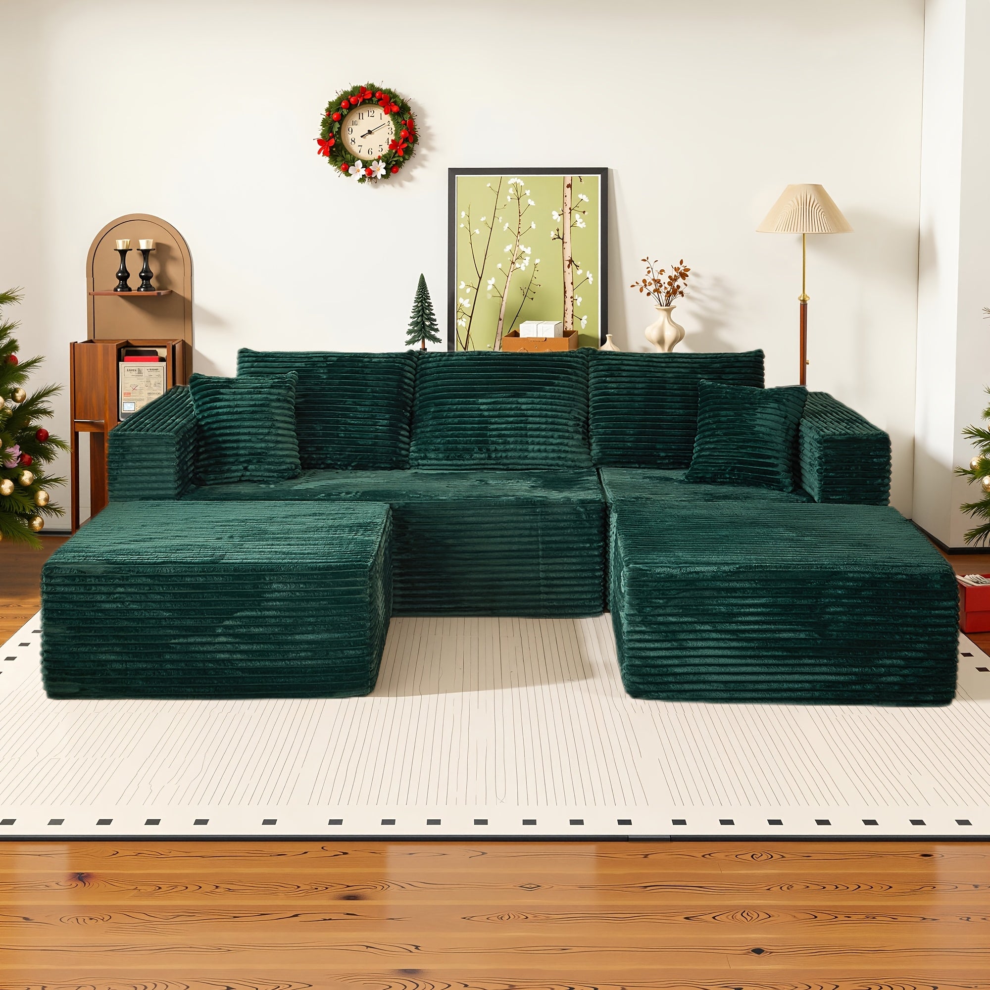 Modular L-shaped chaise longue sofa bed with deep seat and corduroy upholstery