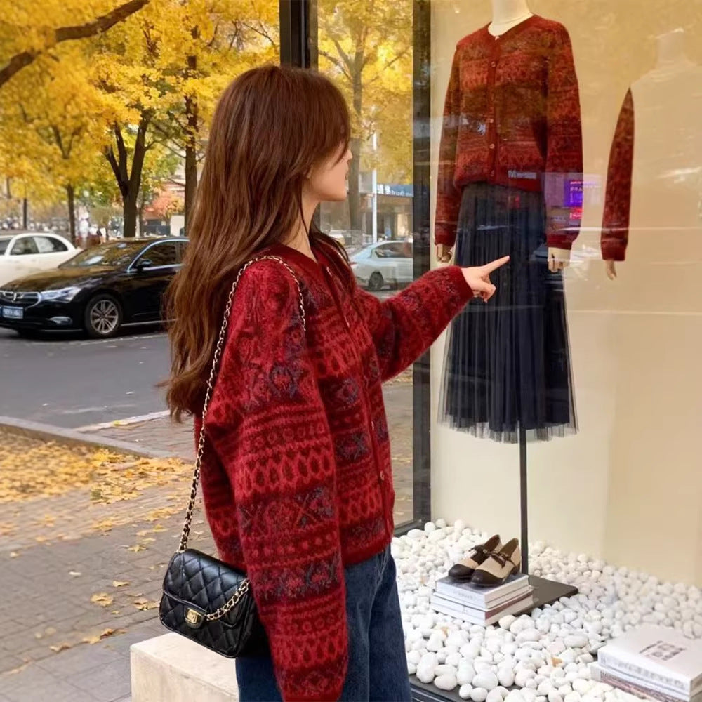 New Year & Christmas Red Jacquard Sweater for Women Fallwinter Style