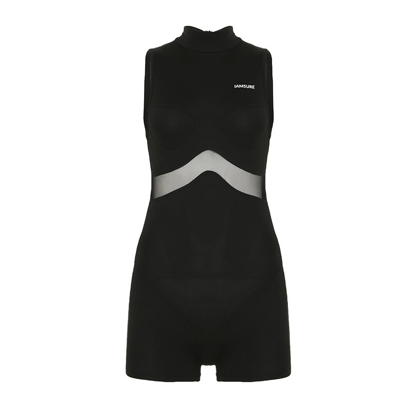 Sleeveless Mesh Patchwork Fitness Romper Shorts