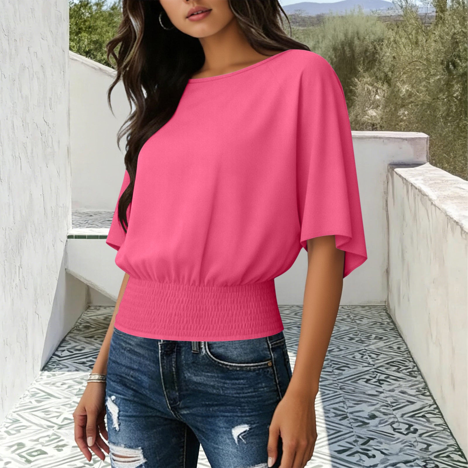 Solid Color Stylish Relaxed Fit Slightly Casual Short Sleeve T-shirt With A Round Neckline And Ruffled Hem