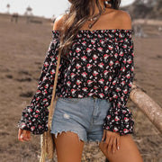 Off-Shoulder Flared Sleeve Printed Long‑Sleeve Top