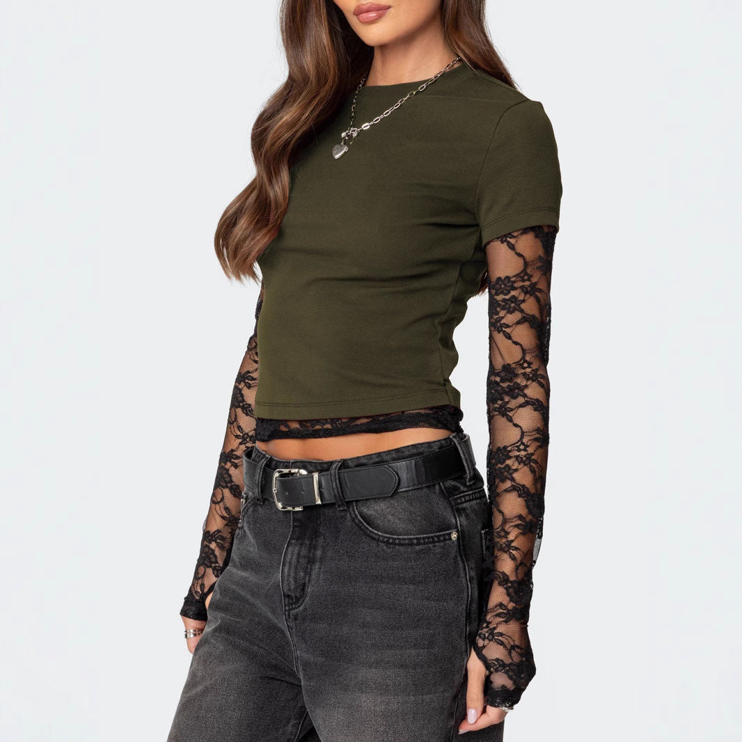 Sexy Women's Fake Two-piece Long Sleeve Crew Neck T-shirt