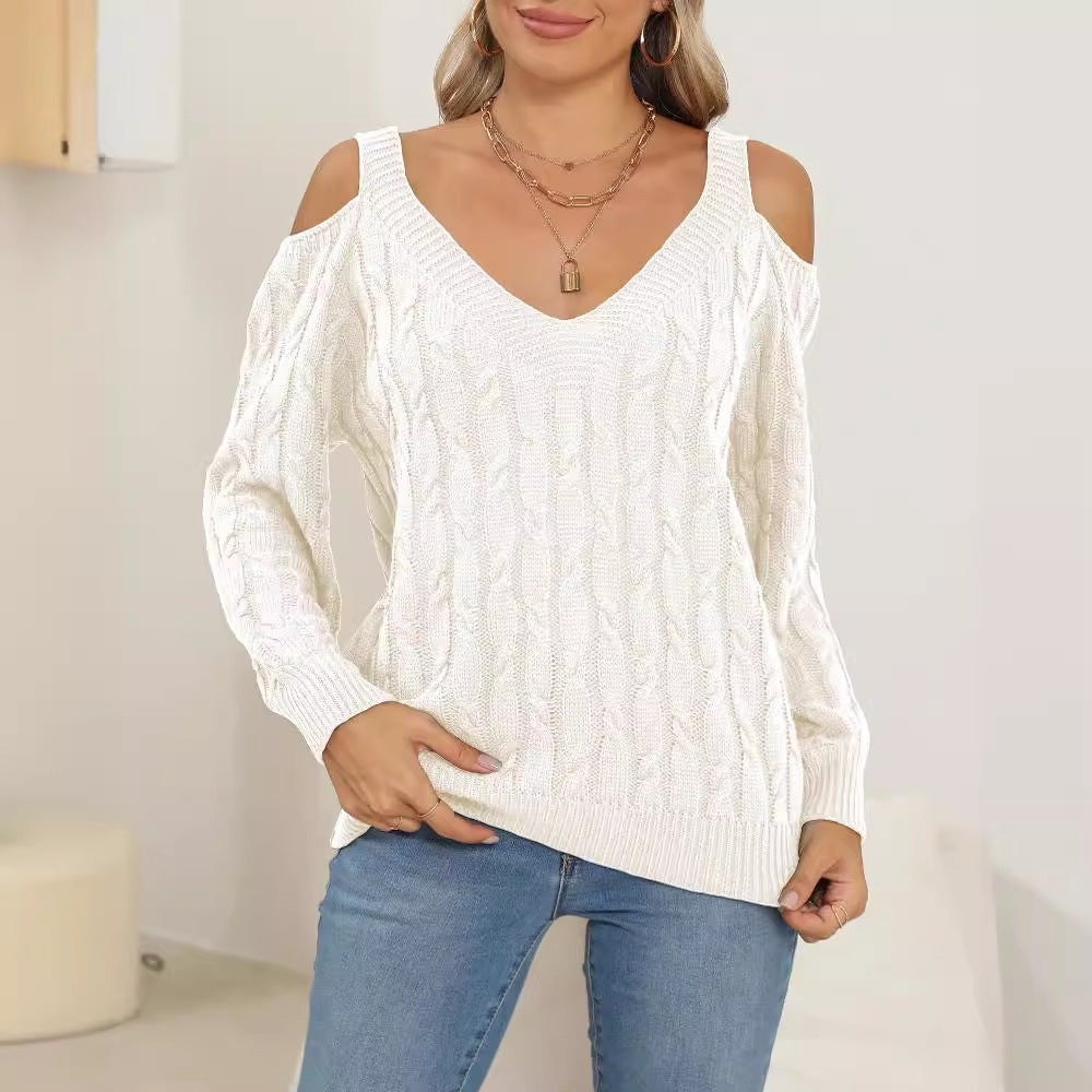 Womens Deep-v Sexy Off-shoulder Loose-fit Sweater