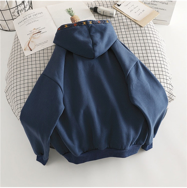 Korean Style Geometric Embroidered Loose Hoodie