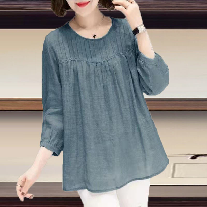 Women's Cotton Linen Round Collar Retro Blouse