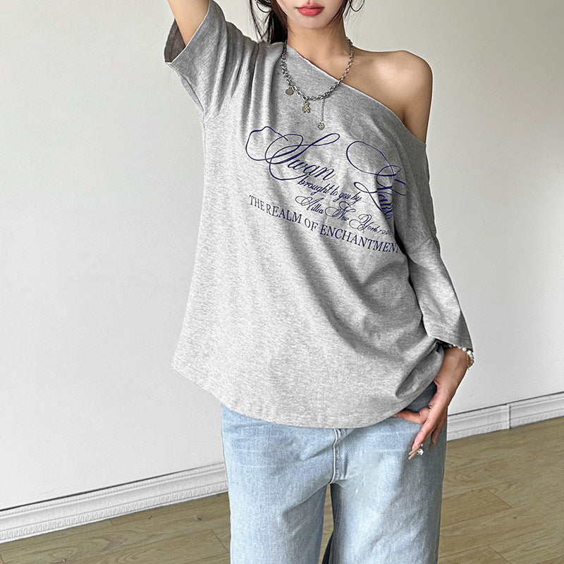 Womens Street-Style Letter-Print Off-Shoulder Short-Sleeve Loose Blouse