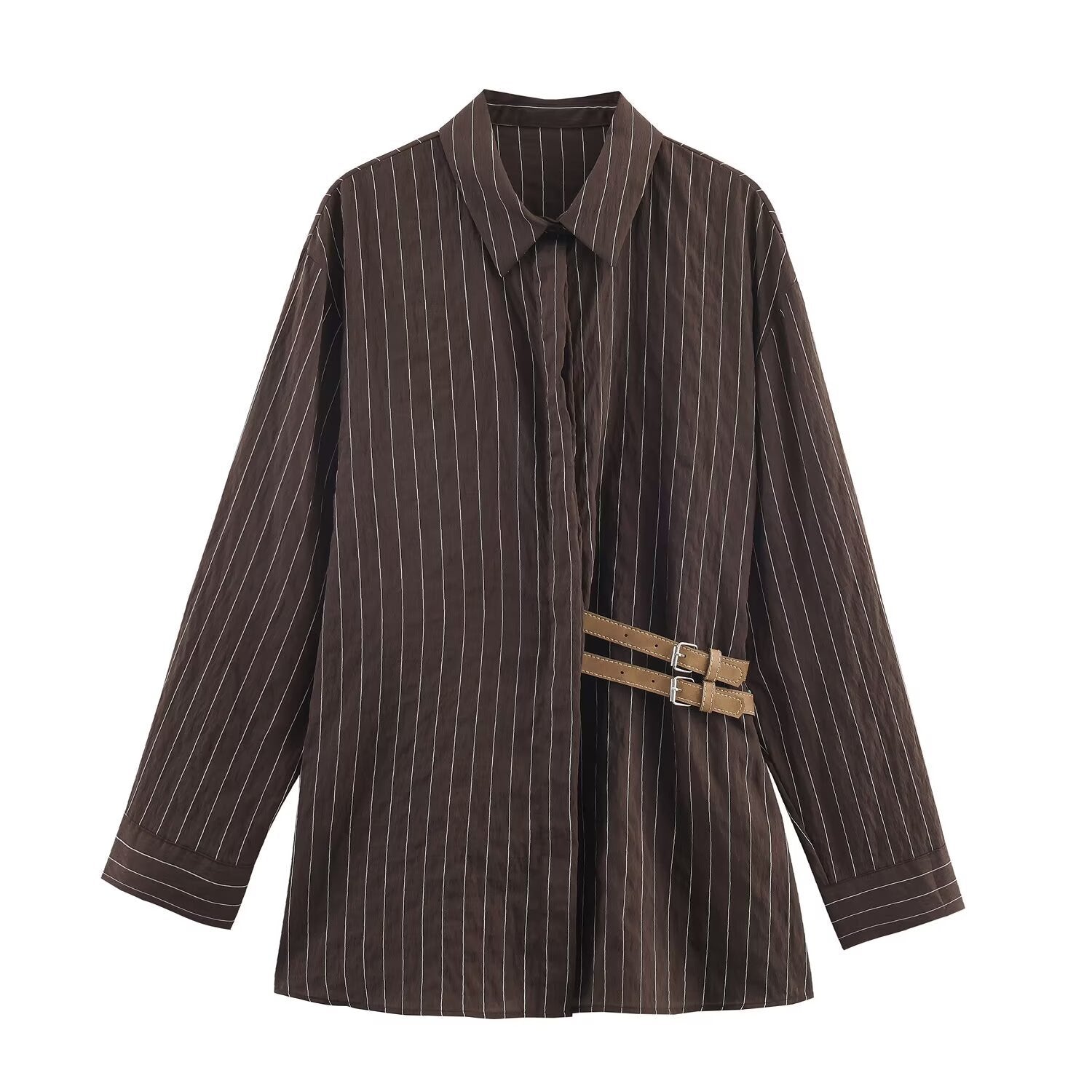 European And American Fashionable Buckle-decorated Striped Shirt