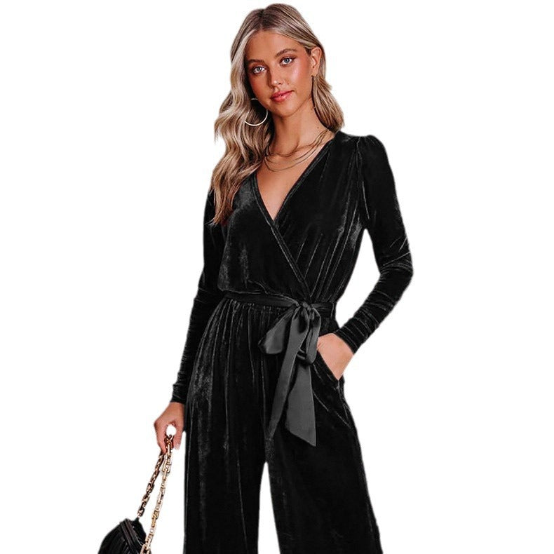 Women's Solid Long Sleeve Straight-Leg Jumpsuit