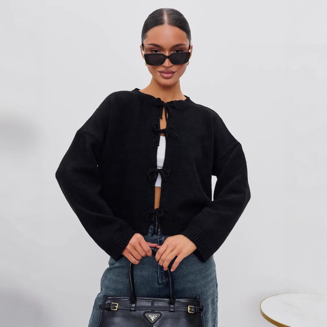 European and American European and American Leisure Loose Cardigan Lace-up Solid Color Knitted Sweater for Women