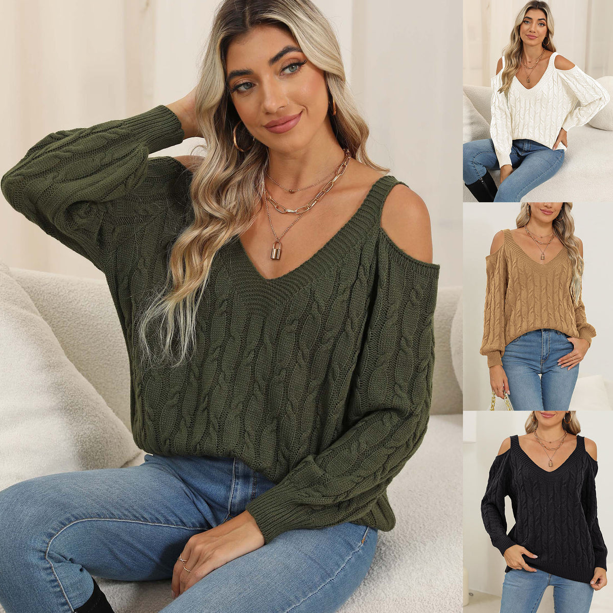 Womens Deep-v Sexy Off-shoulder Loose-fit Sweater