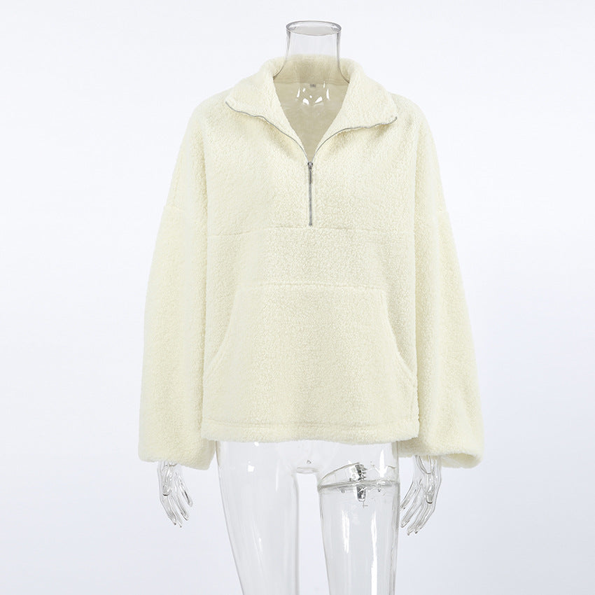 Cozy Beige Fleece Stand Collar Sweatshirt