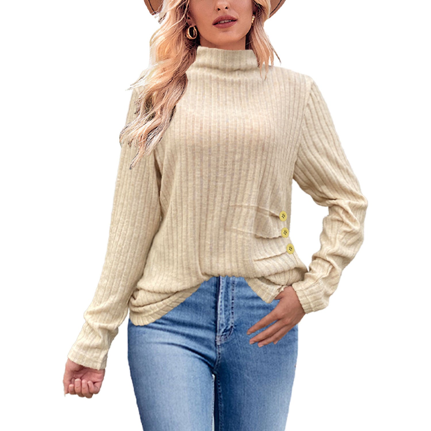 Chic Ribbed Turtleneck Sweater with Side Buttons