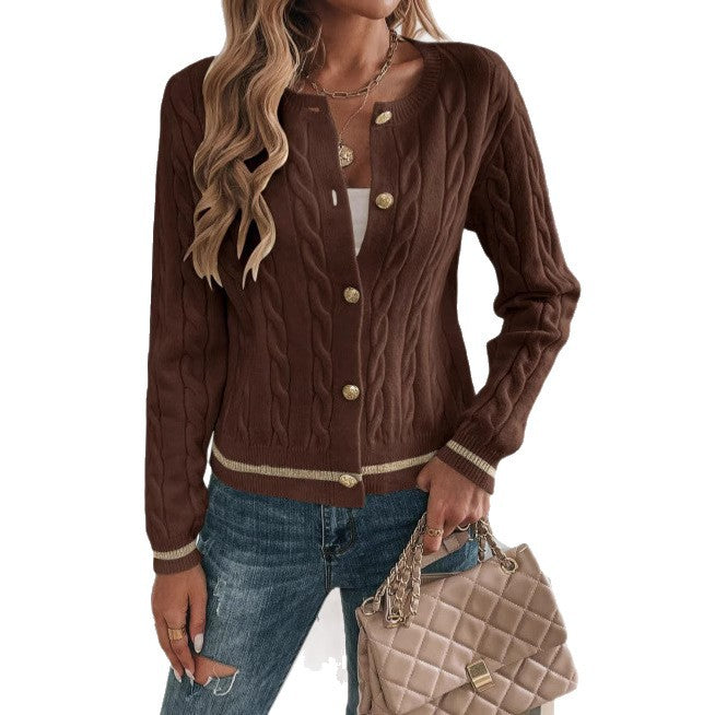 Solid-color Heavyweight Fallwinter Coat Coffee-colored Chanel-style Knitted Cardigan