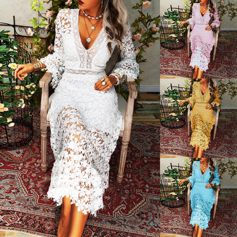 Sexy Sheer Lace Long-sleeve V-neck Maxi Dress for Women