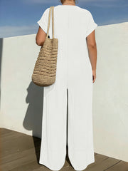Casual V-Neck Button-Down Wide Leg Jumpsuit with Pockets