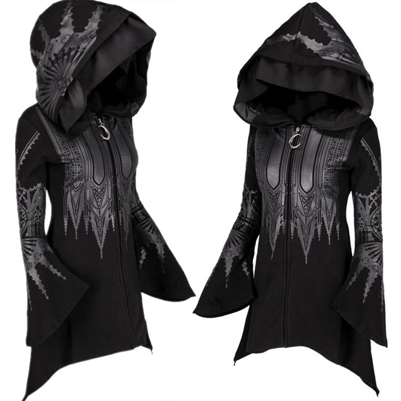 Women's Punk Black Hooded Graphic Sweatshirt Halloween Cosplay