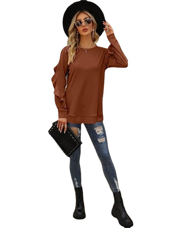 Chic Pleated Long Sleeve Round Neck Casual Women's Sweater