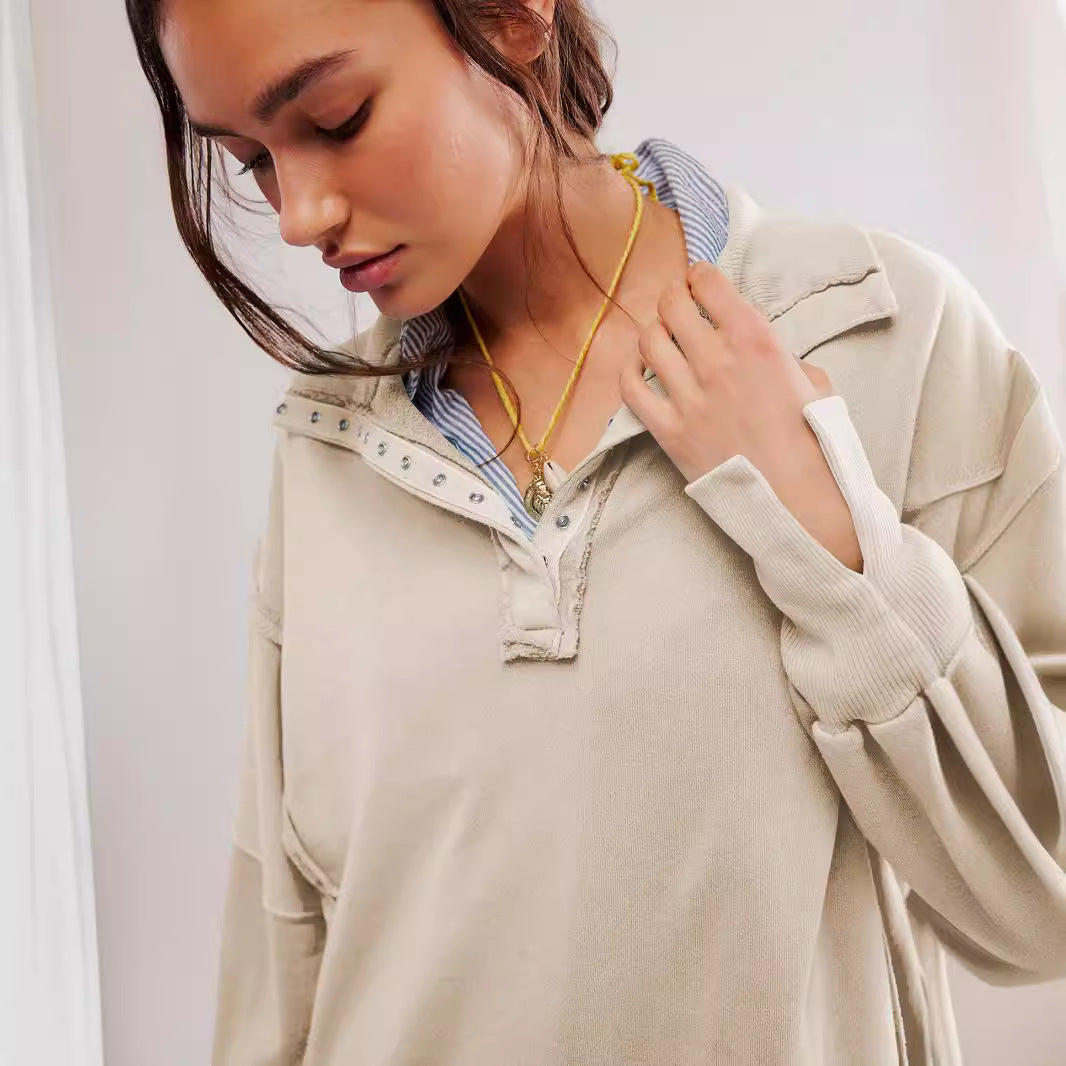 Chic Lantern Sleeve Split Lapel Pullover Sweater