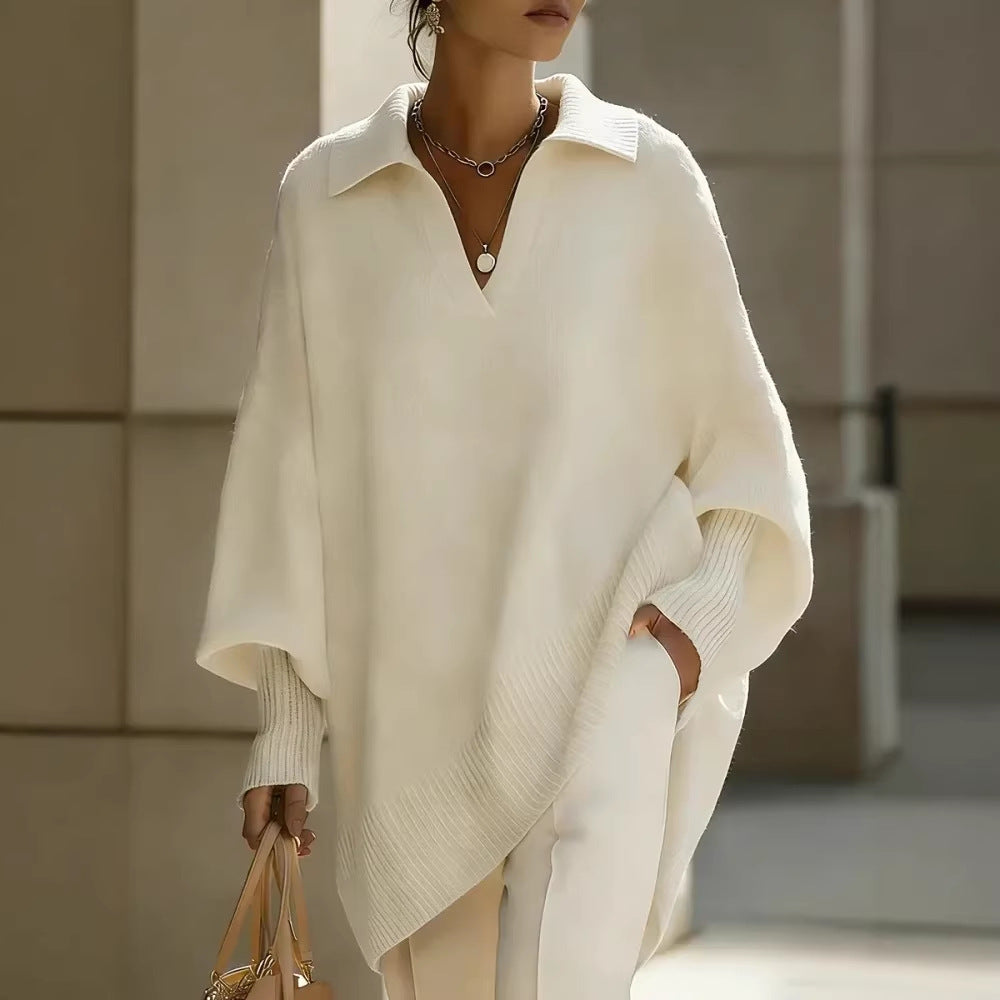 Lapel-collar Loose-fit Solid-color Sweater with Lantern Sleeves