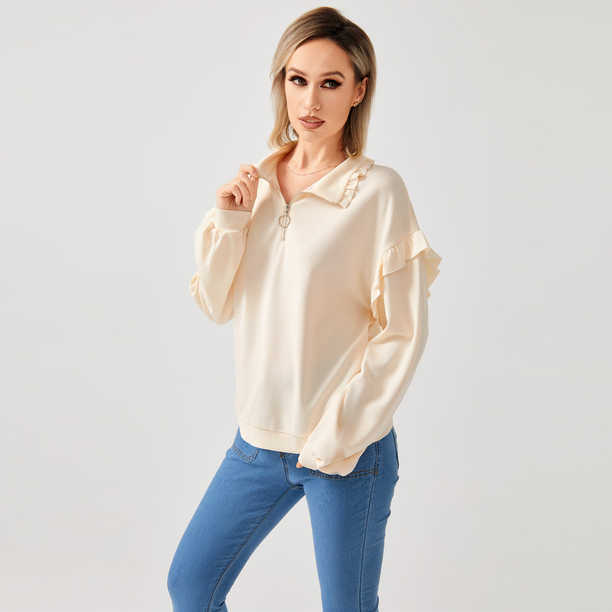 Women's Half Zip Ruffle Sweatshirt Casual Pullover