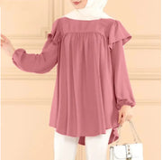 Solid Color Long Sleeve Loose Lotus Leaf Round Neck Top Shirt