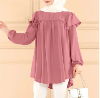 Solid Color Long Sleeve Loose Lotus Leaf Round Neck Top Shirt