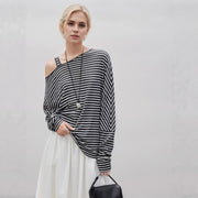 Off-Shoulder Striped Summer Top with Asymmetric Batwing Sleeves