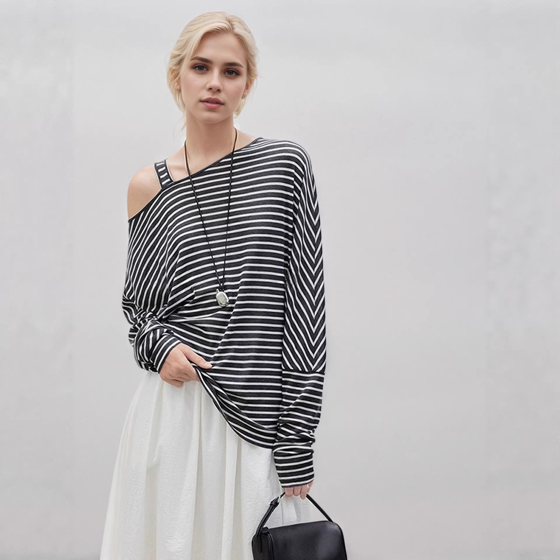 Off-Shoulder Striped Summer Top with Asymmetric Batwing Sleeves