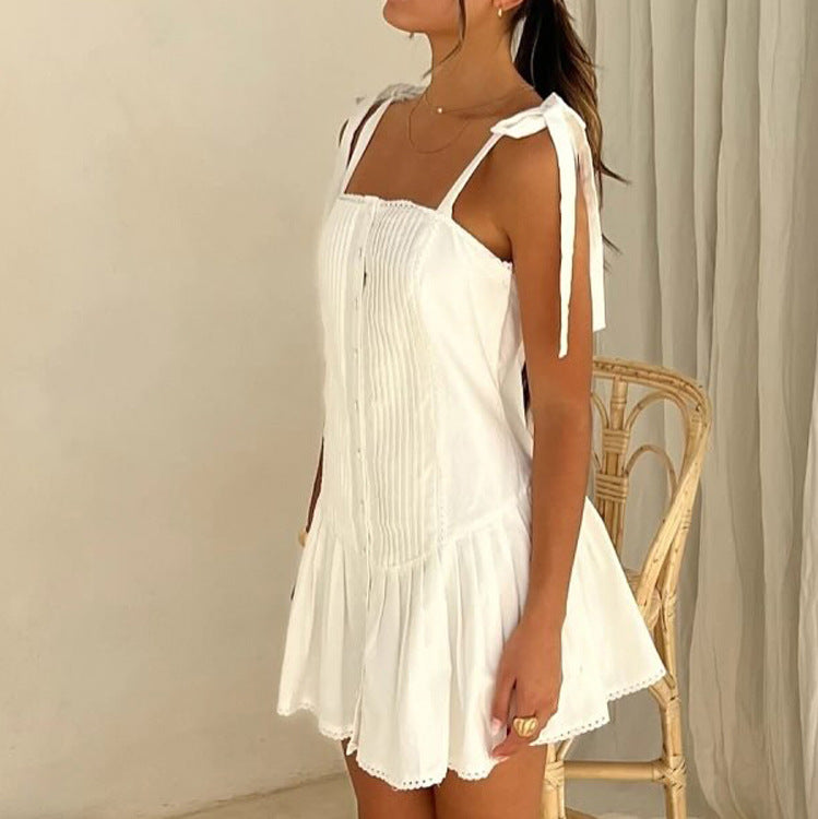 Tie-strap Pintuck Lace Trim Mini Dress
