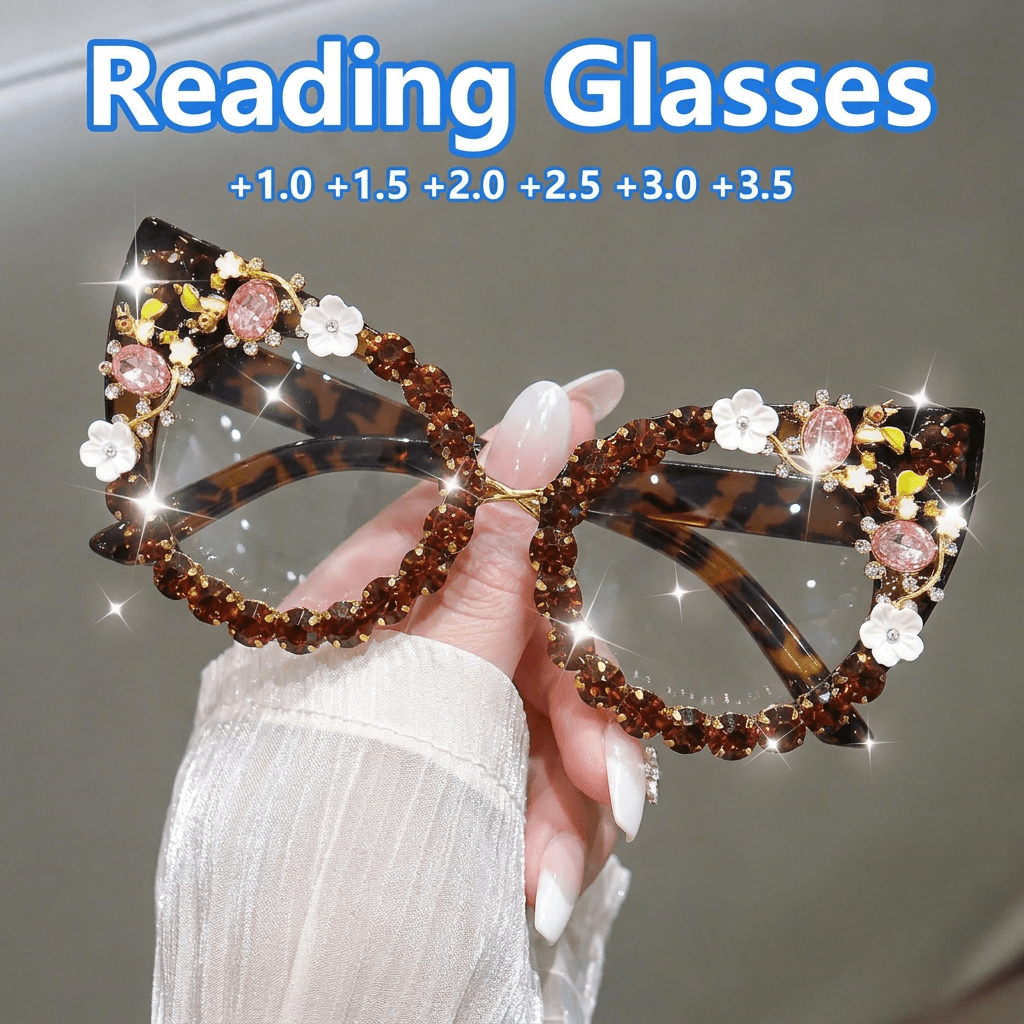 Cat-Eye Glasses with Large Floral and Gemstone Details – Fashionable Unisex Style for Sparkling Parties