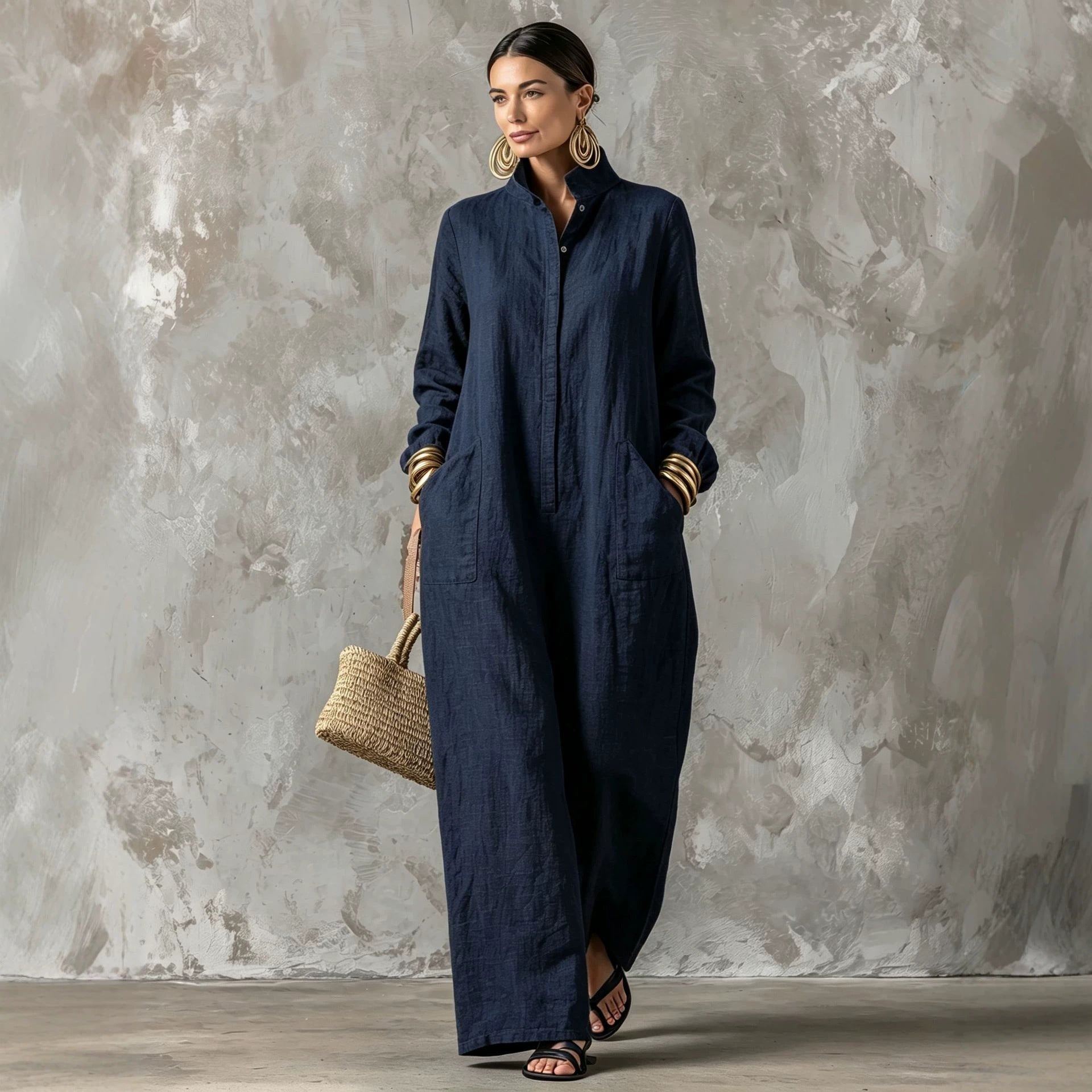 Chic Mandarin Collar Wide-Leg Long Sleeve Jumpsuit