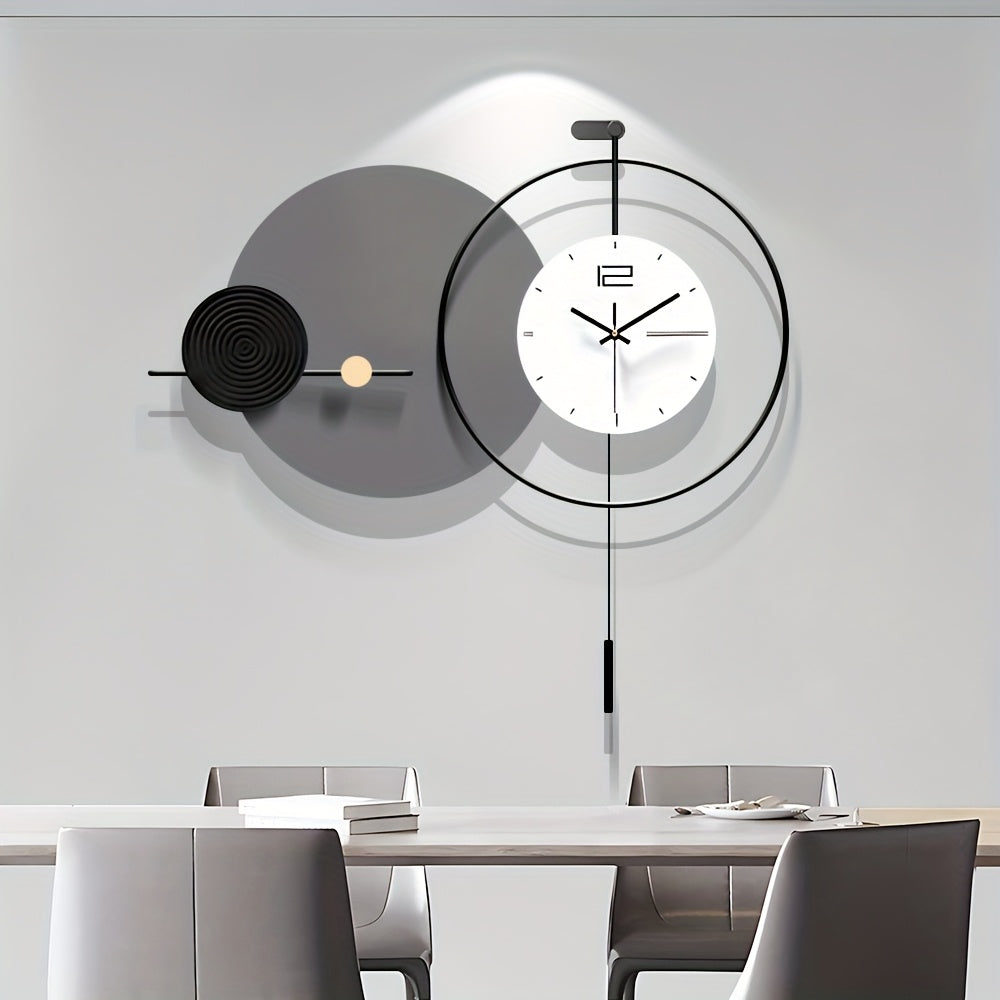 Large Modern Silent Metal Wall Clock with Pendulum - Sleek Black & Golden Accents, Round Design for Living Room, Kitchen, Bedroom, Office Decor - Battery Operated (AAA Not Included), Wall Clock Living Room
