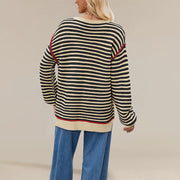 Women's Striped Knitted Round Neck Pullover Loose-fitting Long Sleeves Sweater