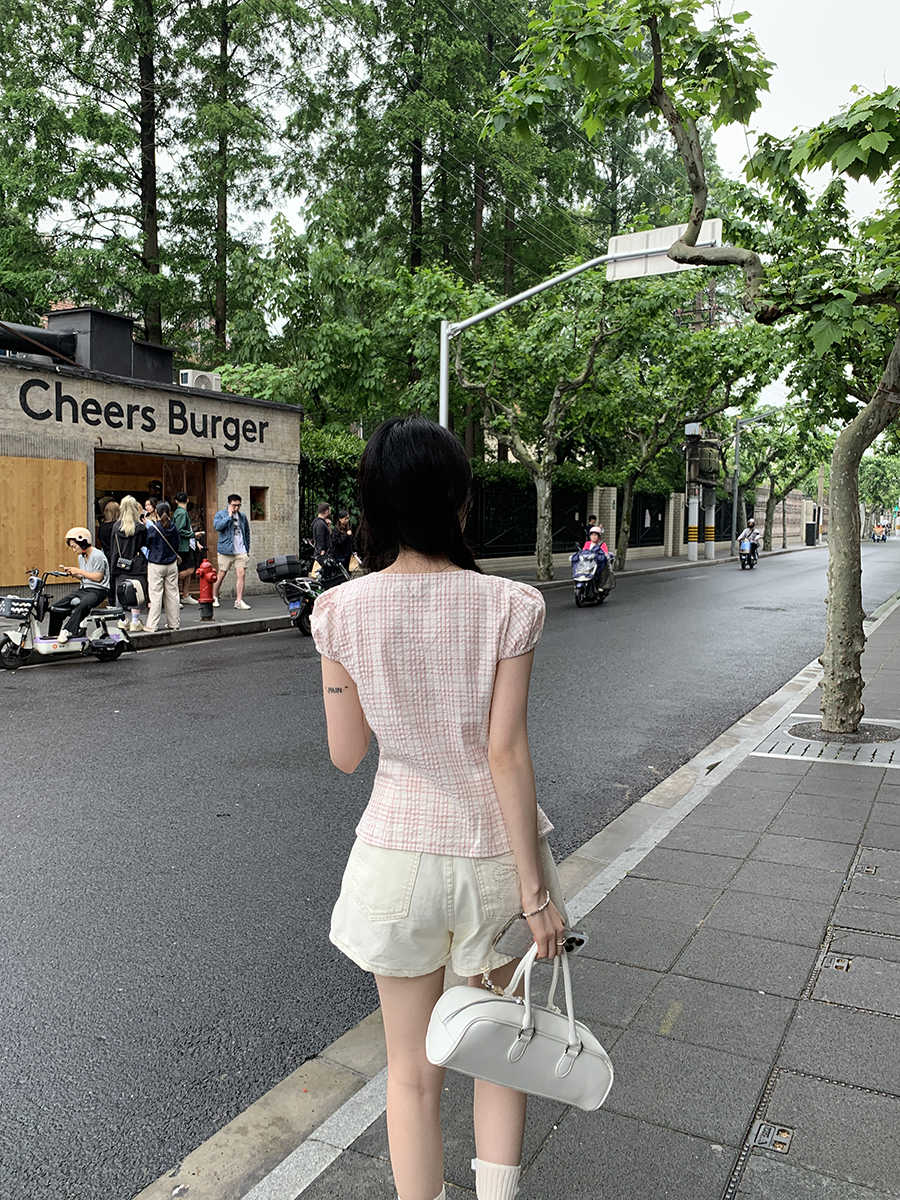 Lace-up Bow Puff Sleeve Retro Plaid Shirt