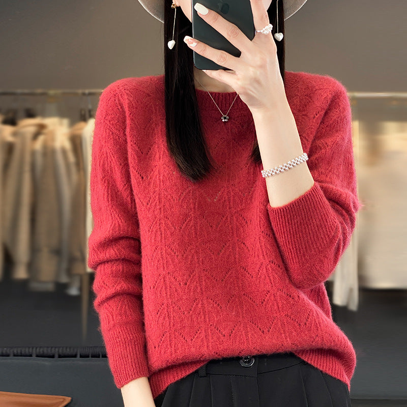 Women's Wool Knitted Round Neck Pullover Hollow-out Solid Color Long Sleeve