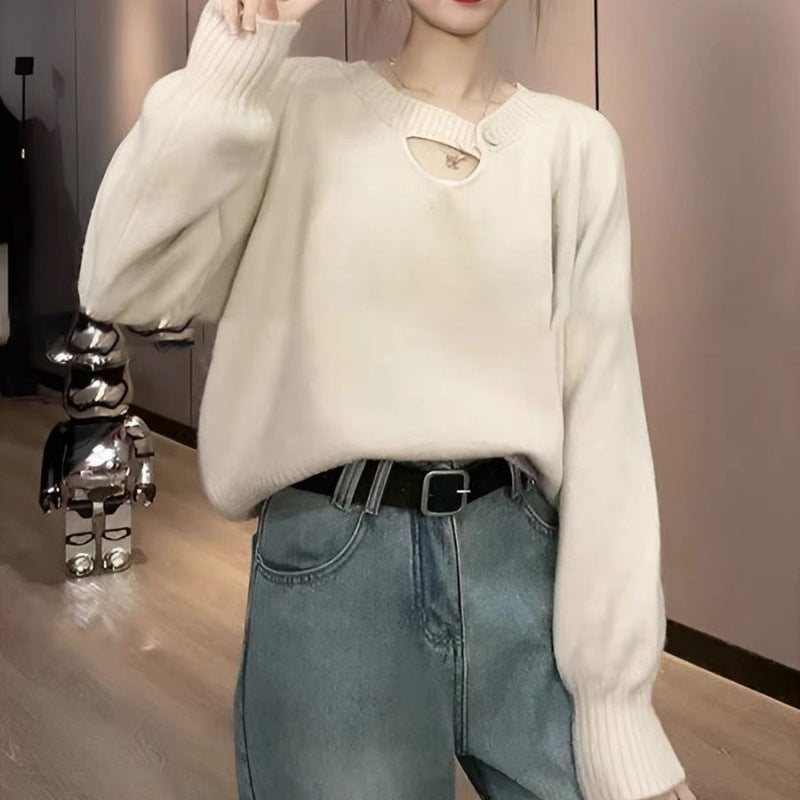 Knitted Sweater Women's Autumnwinter Korean-style Loose-fit Slimming Top with Exposed Collarbones and Long Sleeves