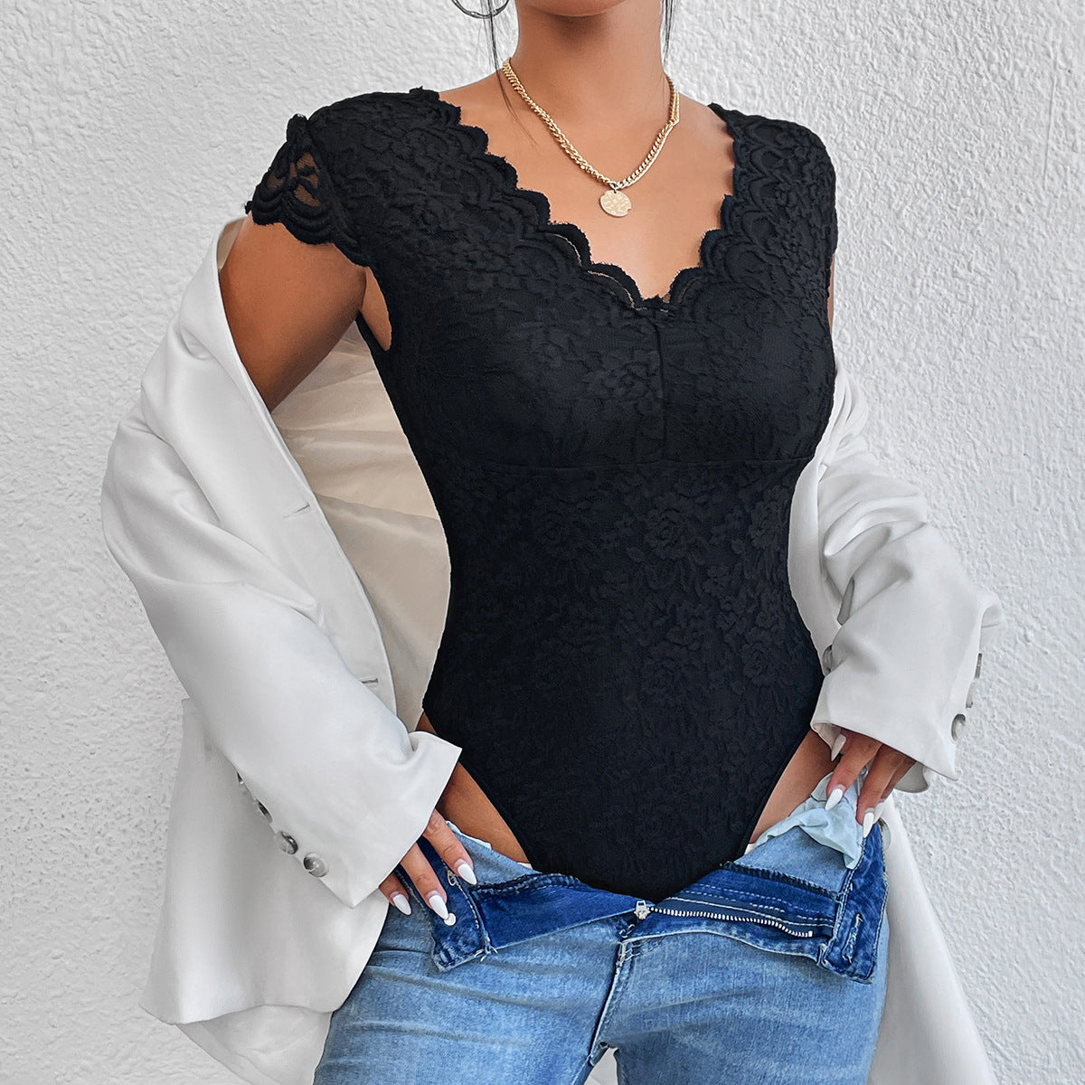 Women's Fashion Solid Color Lace Jumpsuit