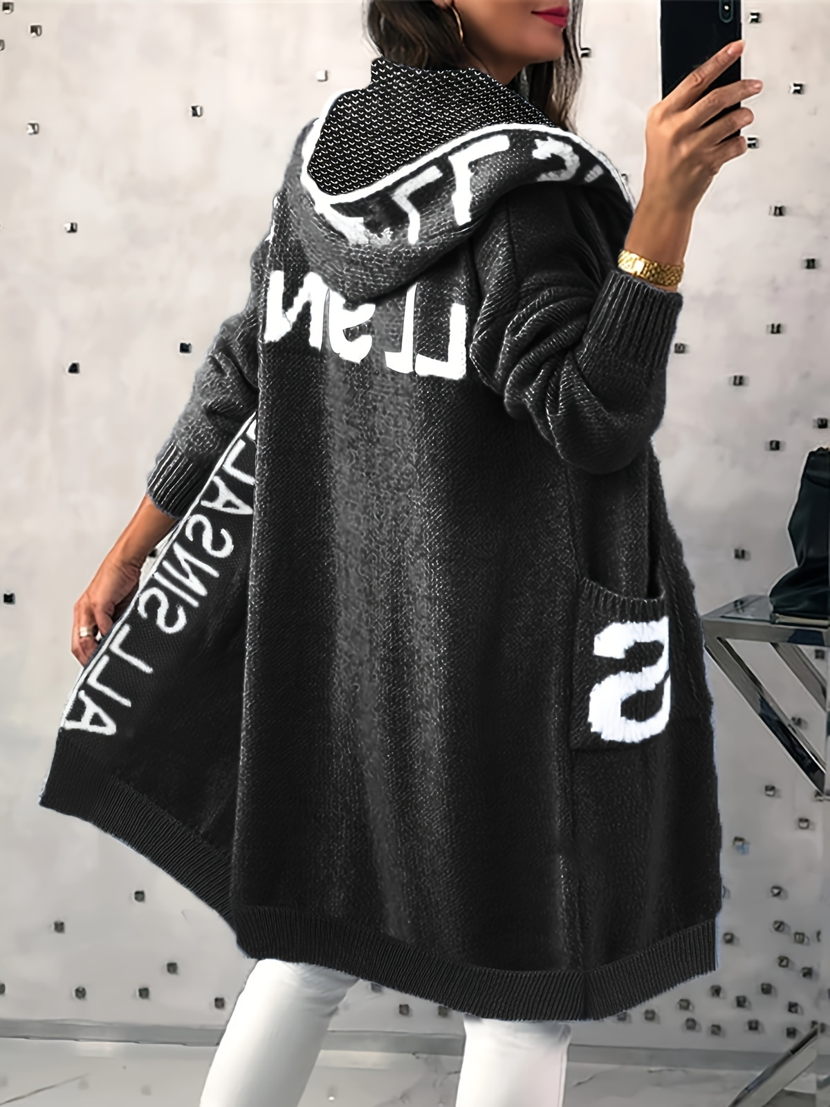 Women Hooded Letter Print Long Knit Cardigan Open Front Oversized Lantern Sleeve Pocket Sweater Coat