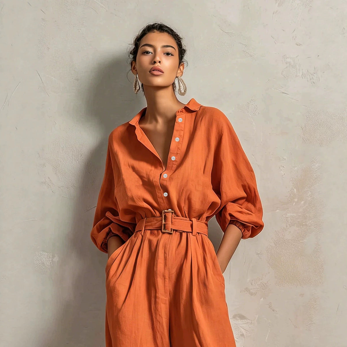 Womens Blended Casual Long-sleeve Jumpsuit