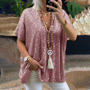 Women's Sequined V-Neck Loose Pullover Top