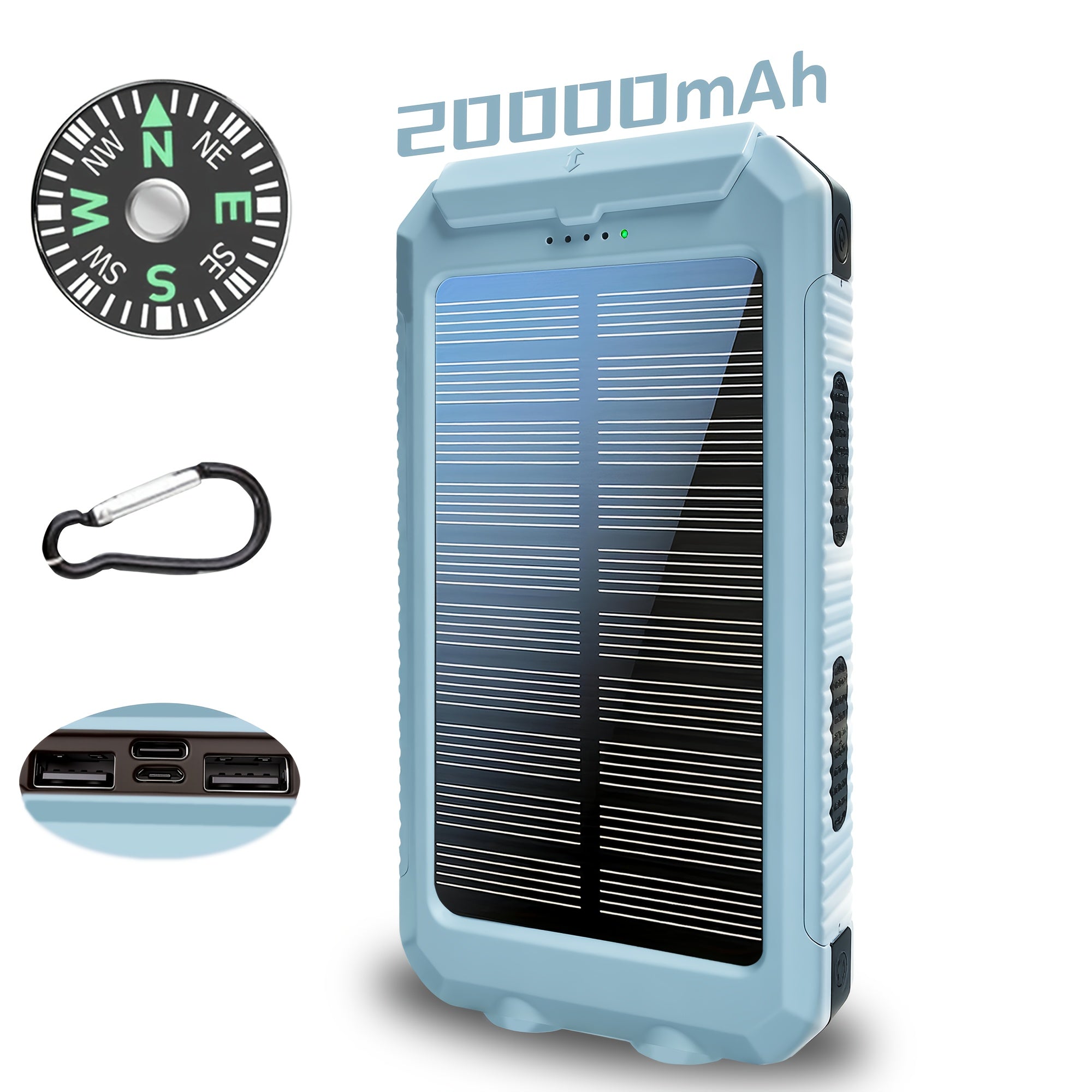 20,000mAh Solar Power Bank with Dual USB Ports and Built-in Flashlight