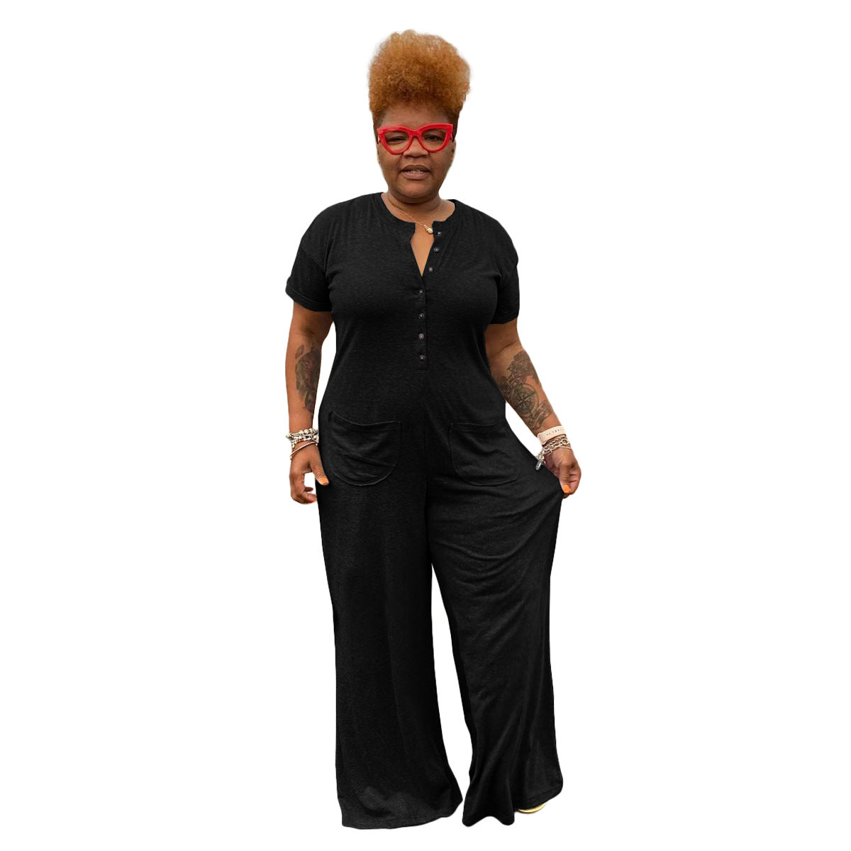 Plus-Size Casual Buttoned Jumpsuit