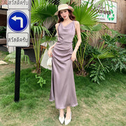 Summer New Elegant Satin Knotted Strap Waist-cinching Long Dress