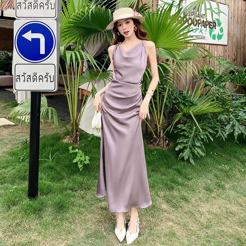 Summer New Elegant Satin Knotted Strap Waist-cinching Long Dress