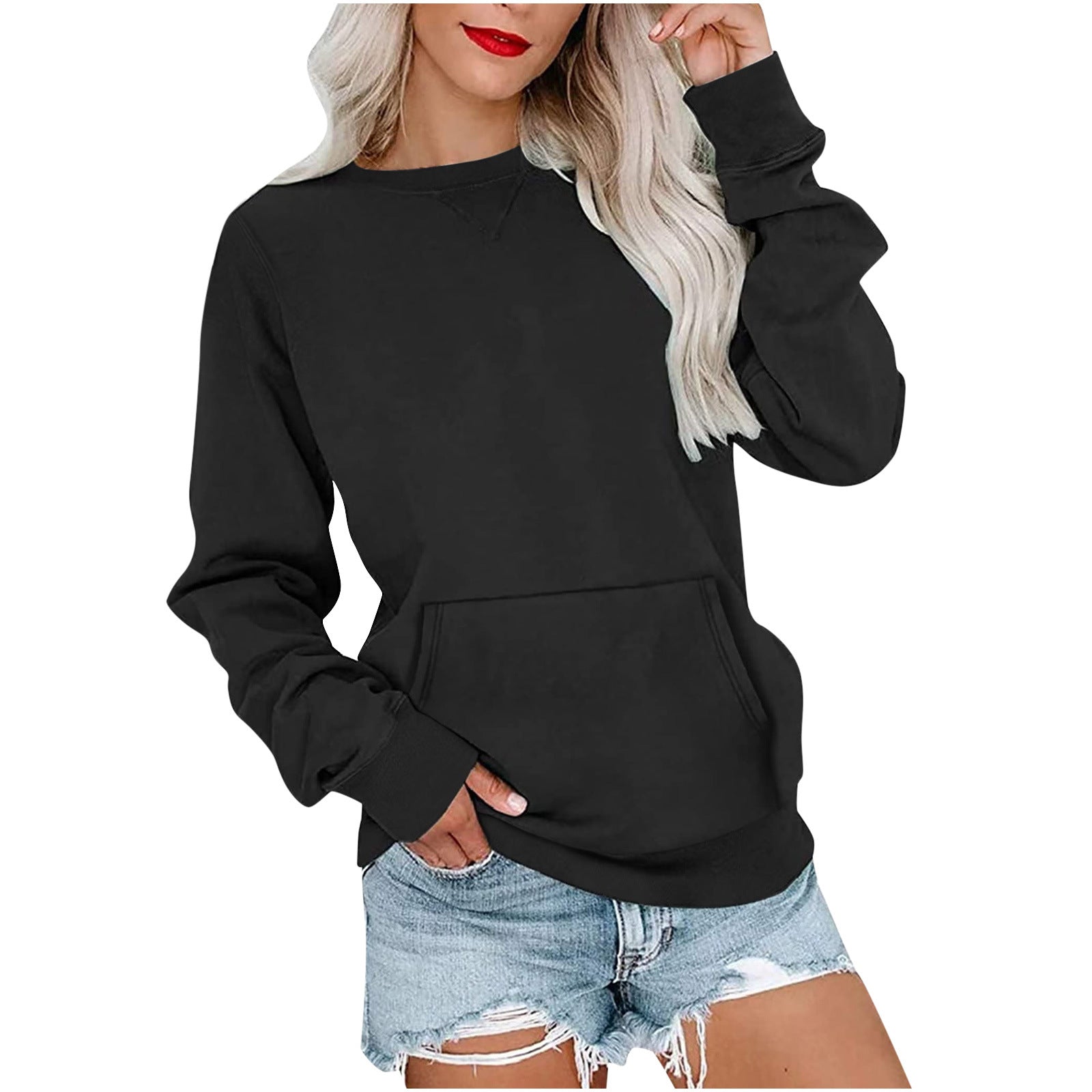 Women's Loose Solid Pullover Sweatshirt with Pocket