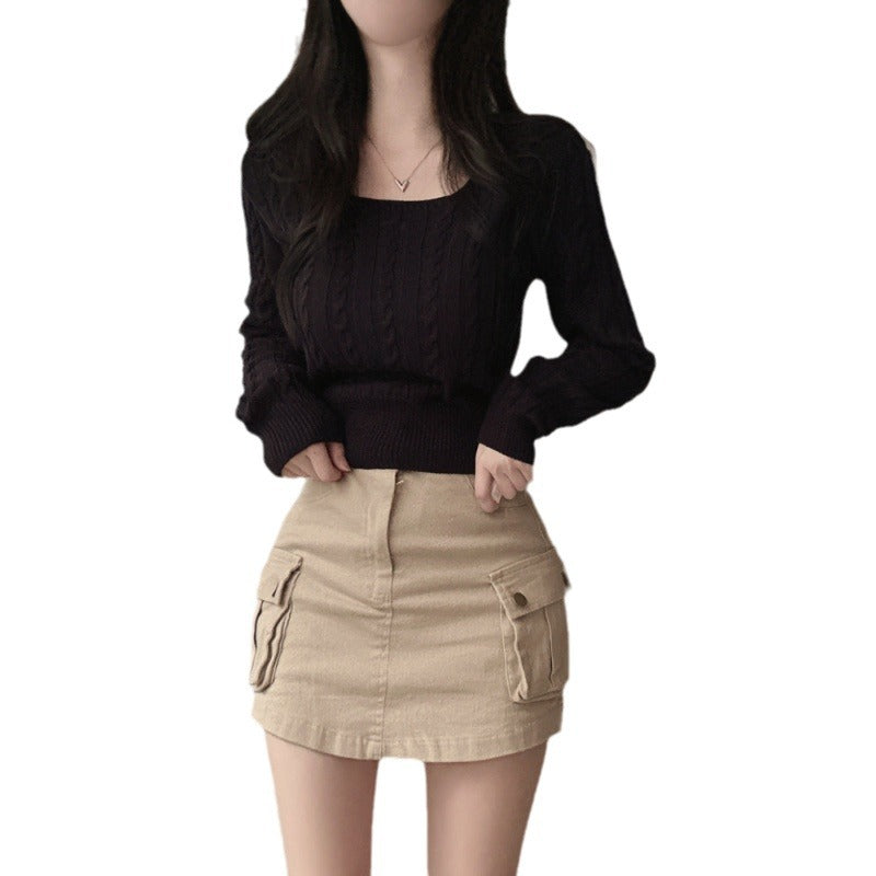 Retro Twist Knitted Sweater Single Row Button Square Collar Solid Color Underwear Top