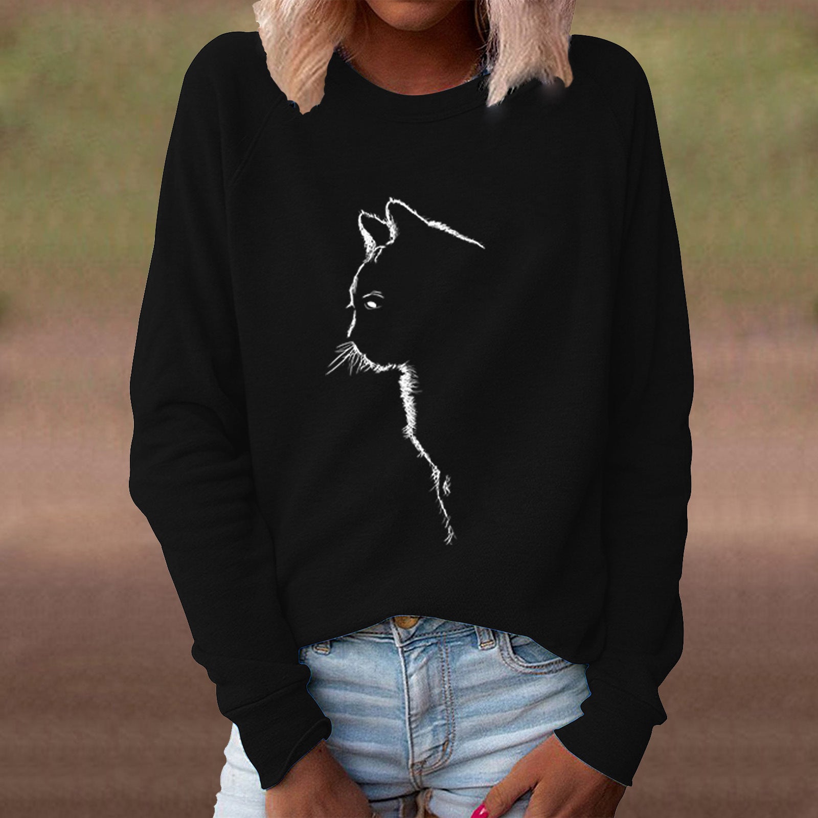 Cute Cat Print Long Sleeve Pullover Sweater