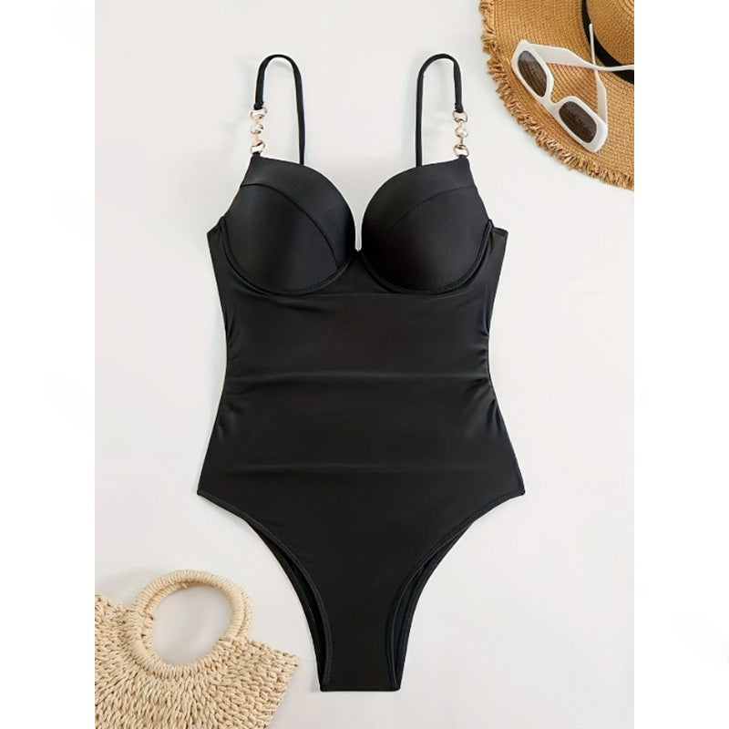 Women's Solid Pleated One-Piece Swimsuit