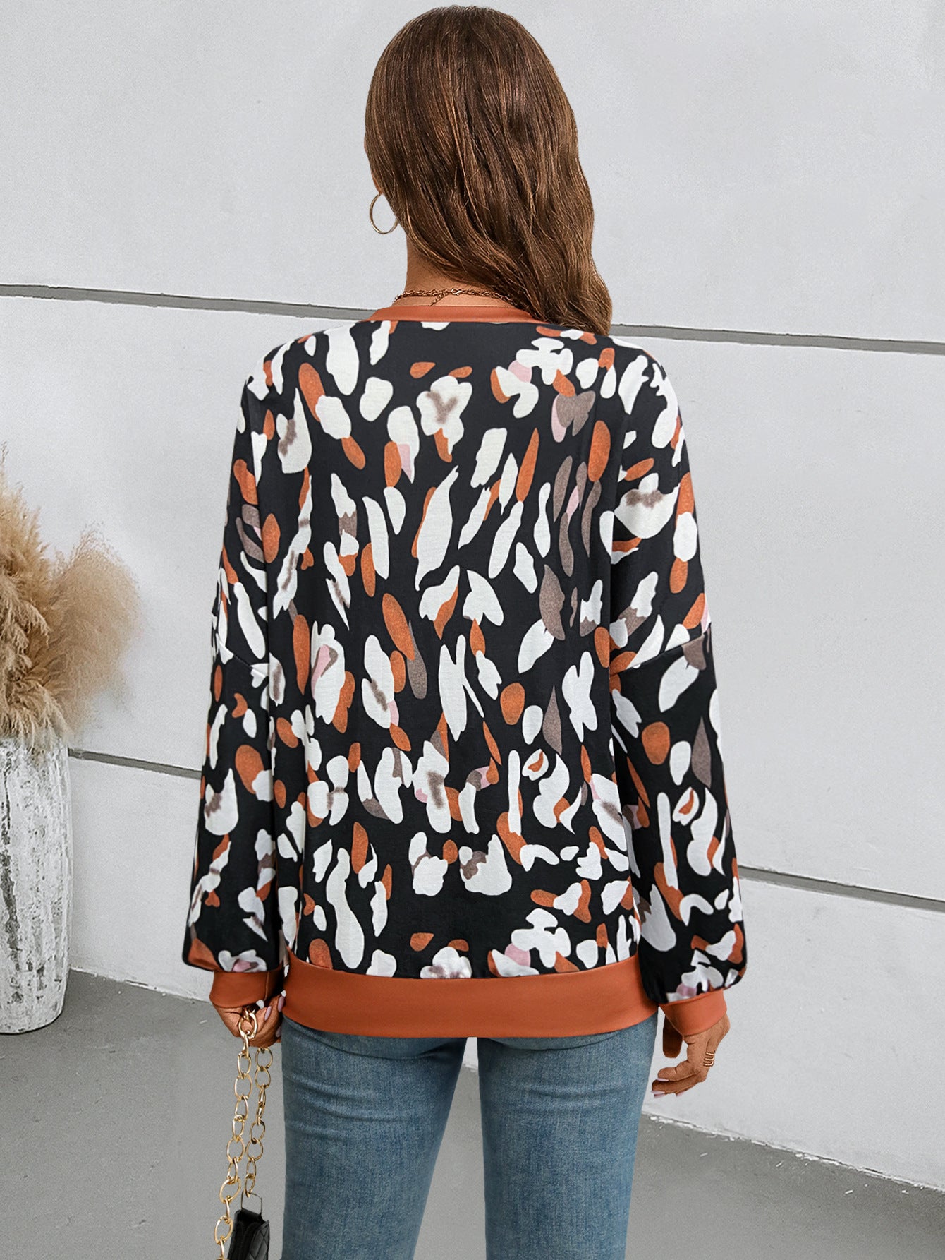 Chic Printed Lantern Sleeve Drop-Shoulder Sweater